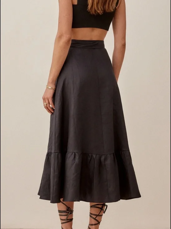 Reformation Black Linen Wrap Ruffle Skirt - Picture 3 of 15